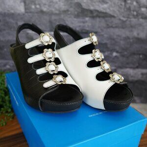 John Fluevog Black White Sandel Slingback Shoes LOW RULE: LEXI - Size 8.5